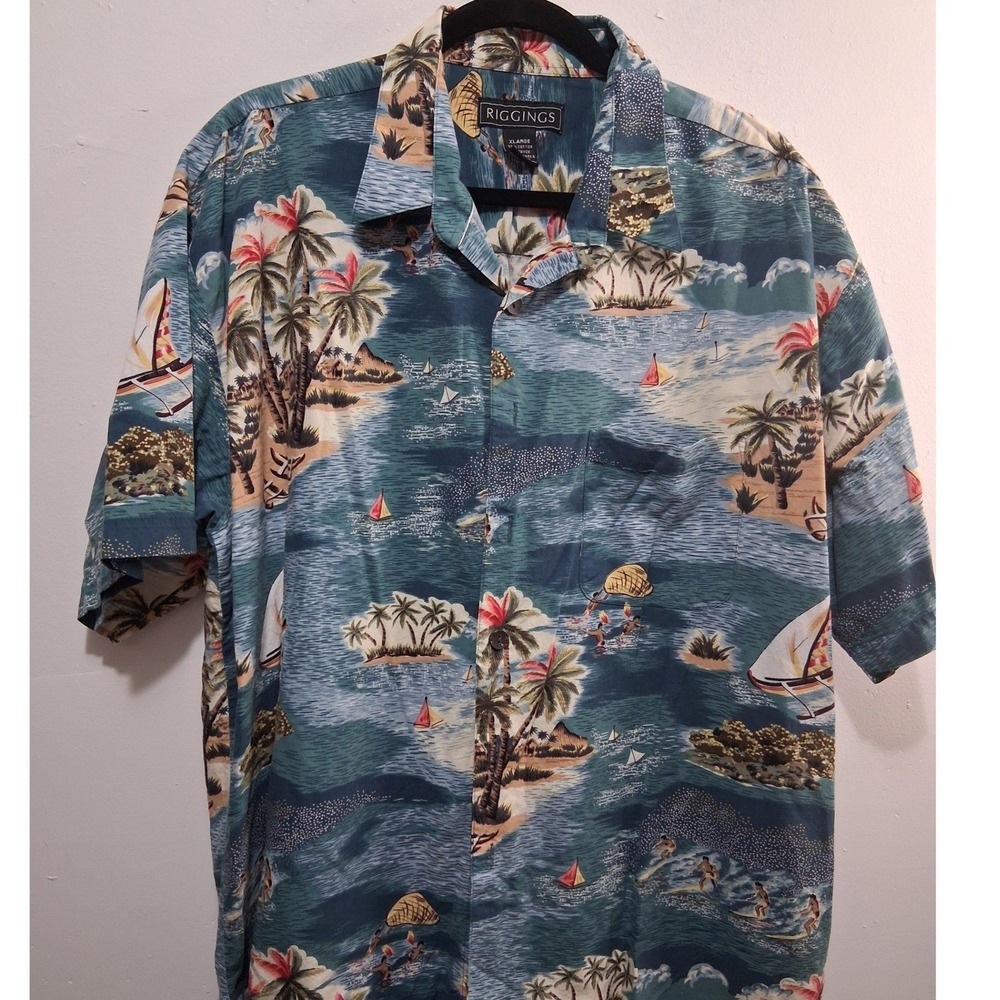 RIGGINGS Men's Hawaiian Shirt Tropical Island Sailboat Palm Tree Print XL